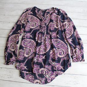 Lucky Brand Women's Silky Tunic Top Size XS Navy Purple Tan Long Sleeve